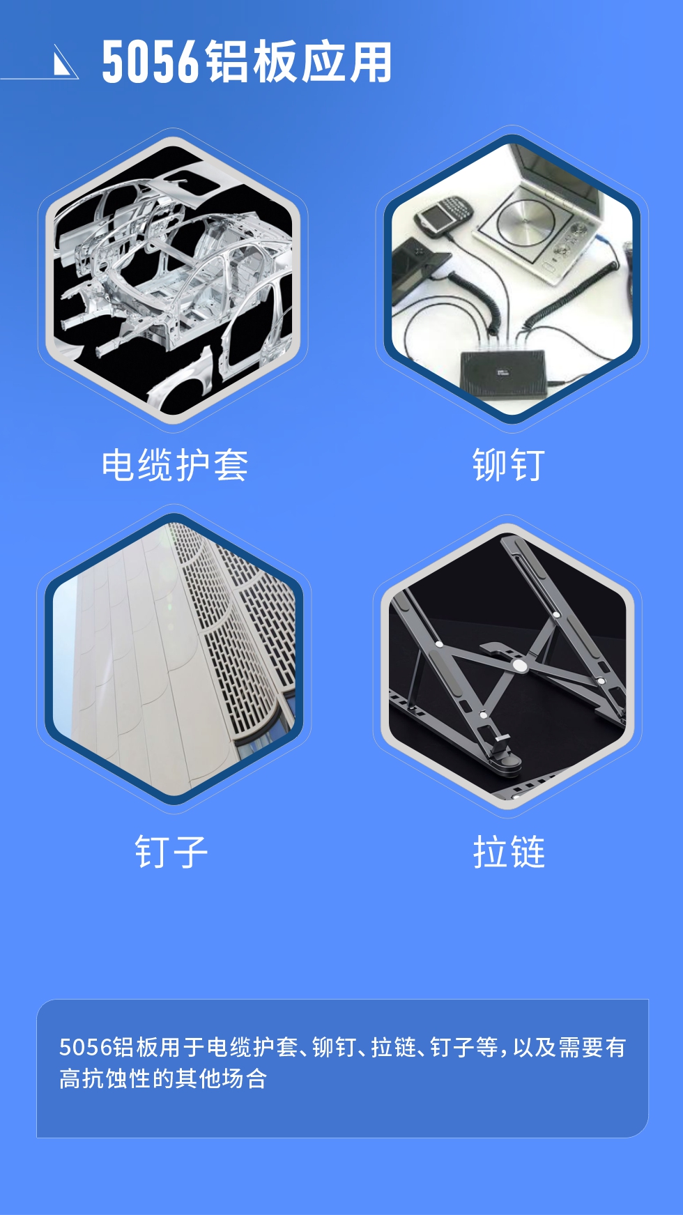 市場(chǎng)應(yīng)用
　　5056鋁板用于電纜護(hù)套、鉚釘、拉鏈、釘子等，以及需要有高抗蝕性的其他場(chǎng)合。
　　5056鋁板生產(chǎn)廠家
　　明泰鋁業(yè)支持定做，為用戶合理推薦更合理產(chǎn)品規(guī)格，并提供優(yōu)惠報(bào)價(jià)，讓您選購(gòu)無(wú)憂。
　　明泰鋁業(yè)是一家集科研、加工、制造為一體的大型現(xiàn)代化鋁加工企業(yè)。公司可生產(chǎn)1-8系鋁板帶箔產(chǎn)品，規(guī)格齊全。