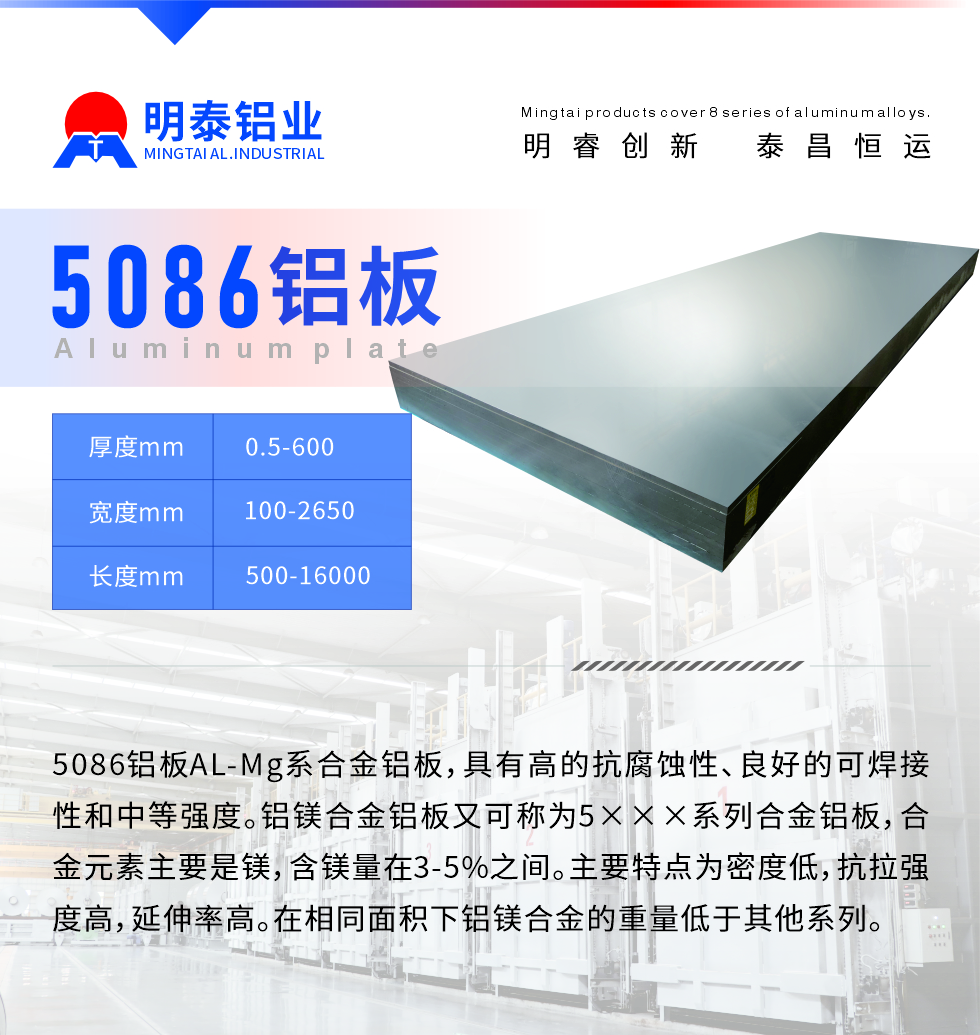 產(chǎn)品介紹
　　5086鋁板AL-Mg系合金鋁板，具有高的抗腐蝕性、良好的可焊接性和中等強度。鋁鎂合金鋁板又可稱為5×××系列合金鋁板，合金元素主要是鎂，含鎂量在3-5%之間。主要特點為密度低，抗拉強度高，延伸率高。在相同面積下鋁鎂合金的重量低于其他系列。
