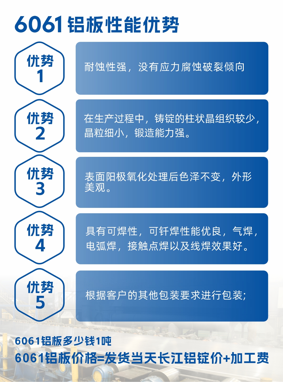 明泰鋁業(yè)6061鋁板性能優(yōu)勢

　　1、耐蝕性強(qiáng)，沒有應(yīng)力腐蝕破裂傾向。

　　2、在生產(chǎn)過程中，鑄錠的柱狀晶組織較少，晶粒細(xì)小，鍛造能力強(qiáng)。

　　3、表面陽極氧化處理后色澤不變，外形美觀。

4、具有可焊性，可釬焊性能優(yōu)良，氣焊，電弧焊，接觸點(diǎn)焊以及線焊效果好。