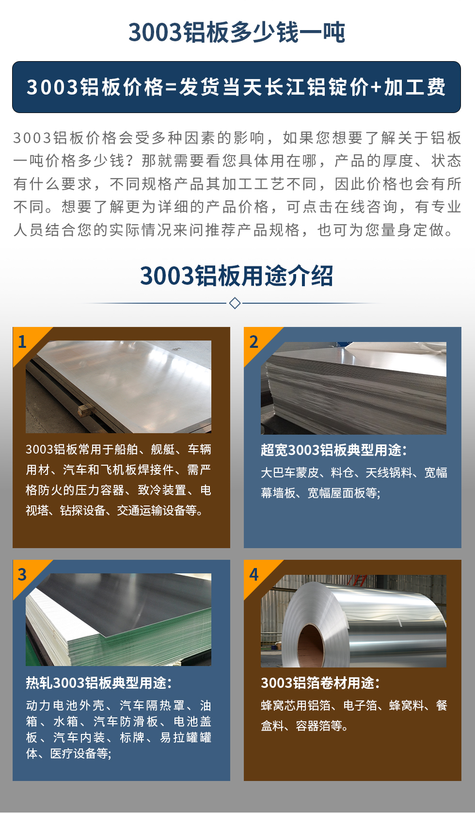 3003鋁板用途介紹
　　3003鋁板常用于船舶、艦艇、車輛用材、汽車和飛機板焊接件、需嚴格防火的壓力容器、致冷裝置、電視塔、鉆探設備、交通運輸設備等。超寬3003鋁板典型用途：大巴車蒙皮、料倉、天線鍋料、寬幅幕墻板、寬幅屋面板等;熱軋3003鋁板典型用途：動力電池外殼、汽車隔熱罩、油箱、水箱、汽車防滑板、電池蓋板、汽車內(nèi)裝、標牌、易拉罐罐體、醫(yī)療設備等;3003鋁箔卷材用途： 蜂窩芯用鋁箔、電子箔、蜂窩料、餐盒料、容器箔等。